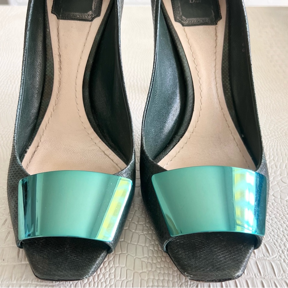 Christian DIOR Green Lizard Peep Toe Platform Heels Pumps